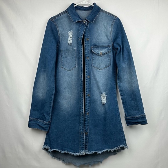 Tops - Lightweight denim shirt/jacket w/distressing, frayed hi-low hemline
